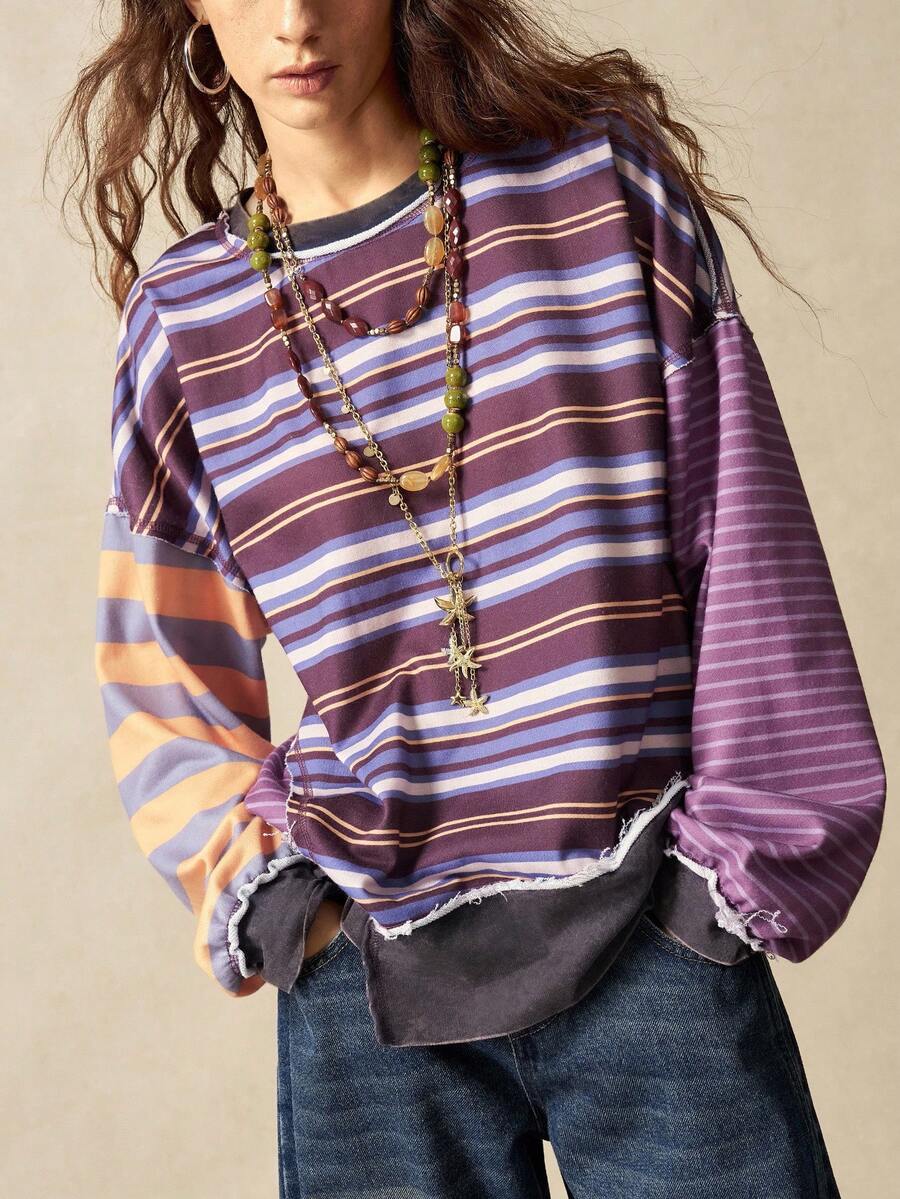 Bohemela 女士休闲条纹拼布圆领长袖T恤，适合秋冬季、万圣节、圣诞节 - 彩色 - 查看 1