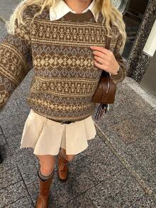 Muchica 休闲宽松圆领长袖女式毛衣，秋冬季 - 棕色 - 查看 5