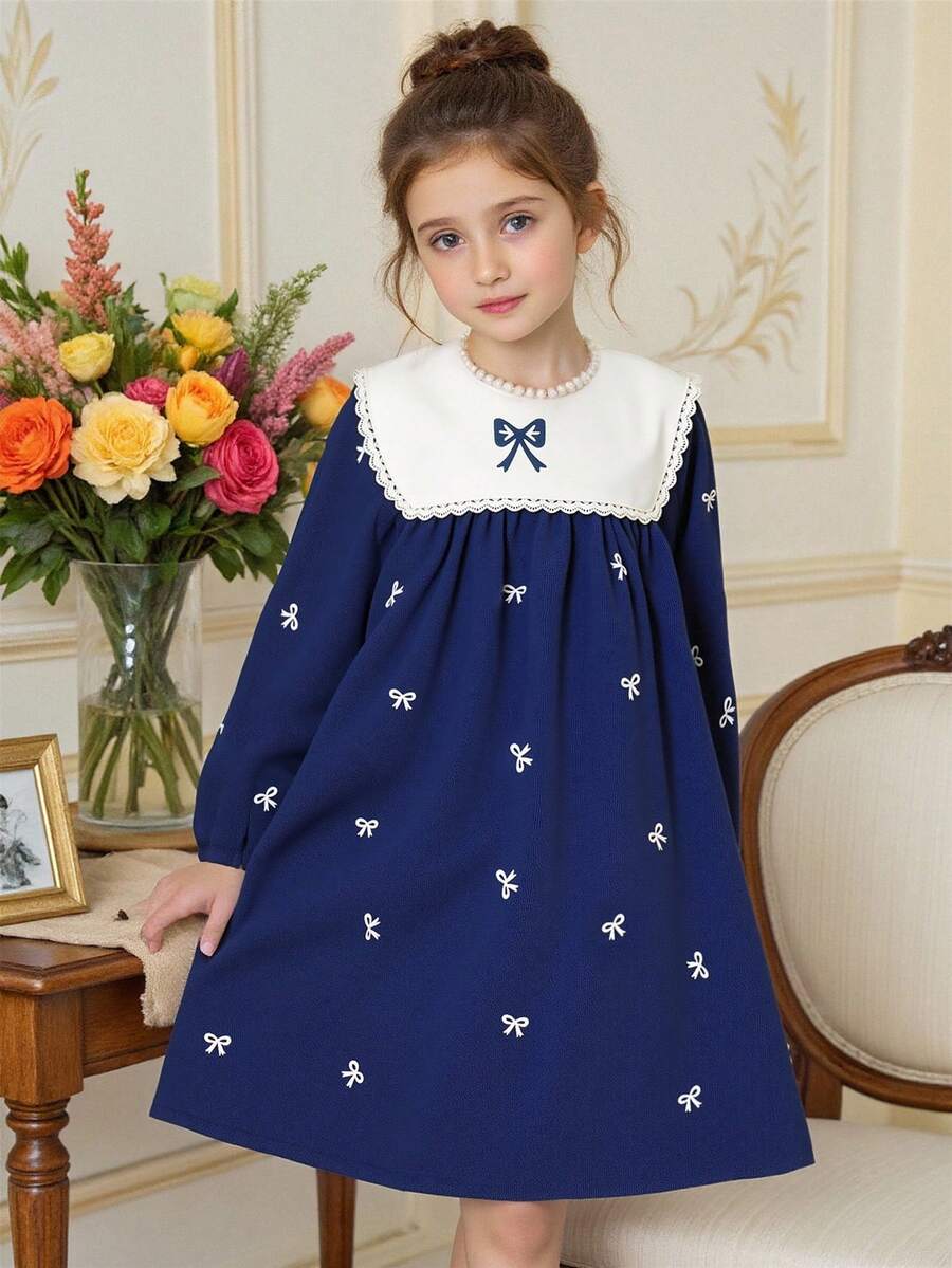 Souflis Souflis 女童海军蓝领蝴蝶结刺绣荷叶边灯芯绒蝴蝶结刺绣泡泡袖宽松甜美可爱时尚连衣裙 - 藏蓝色 - 查看 1