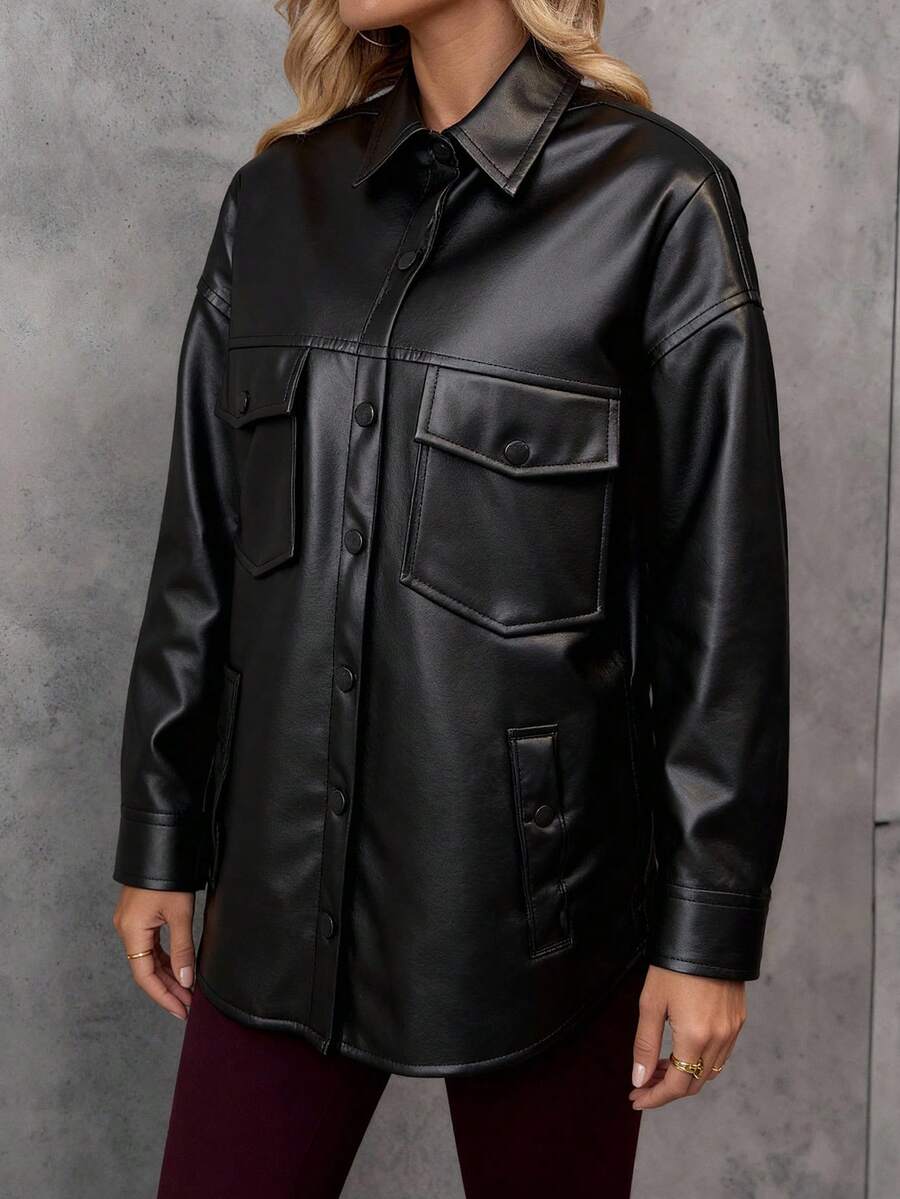 EURMUSE Czarna kurtka wierzchnia z imitacji skóry z kieszeniami z klapką