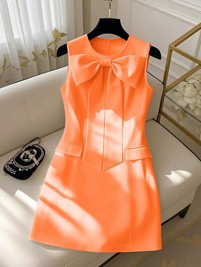 GlowEve Vestido elegante de mujer de cuello redondo blanco con lazo en la cintura y sin mangas