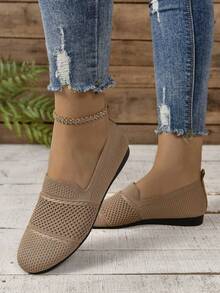 Tenis casuales de mujer de deporte para mujer, slip-on para primavera y otoño, de punta redonda, color negro, livianas modelo de tenis versátiles, zapatillas planas de lona para mujer corte bajo - Caqui - Ver 5