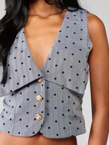 MISSGUIDED Colete de Bolinhas com Gola Oversized, Decote V Profundo, Regata para Verão e Primavera, Estilo Vintage