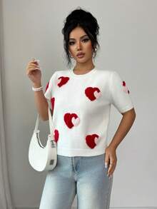 SHEIN Elenzya Blusa feminina leve de malha com estampa de corações em jacquard, manga curta e estilo delicado. - Branco - Ver 7