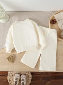 SHEIN Vintaside Kids 两件套女婴优雅纯色针织毛衣和阔腿裤套装，舒适时尚，适合秋冬季休闲穿着和旅行。 - 杏色 - 查看 2