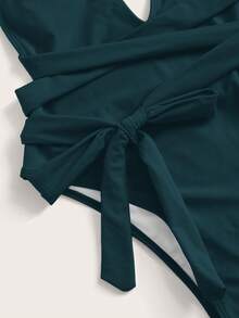 SHEIN Swim 十字交叉結飾連身泳裝 - 綠色 - 查看 3