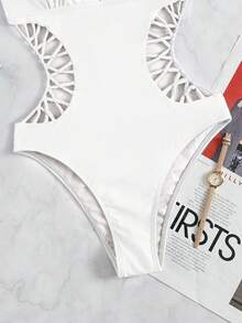 Swim SXY Halter Tie Solid Color Cutout Waist One-Piece Swimsuit For Women - White - View 5