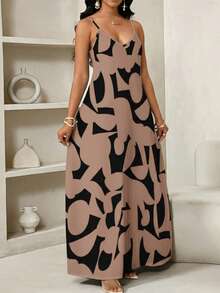 SHEIN Lady Họa tiết hình học, váy dài trơn thích hợp mặc thường ngày - Màu Khaki - Xem 5