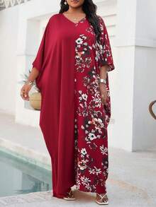 SHEIN Lady Đầm mùa hè rộng rãi, thoải mái, cổ chữ V, tay dài, họa tiết hoa, chắp vá cỡ lớn - Màu Đỏ Sâu - Xem 3