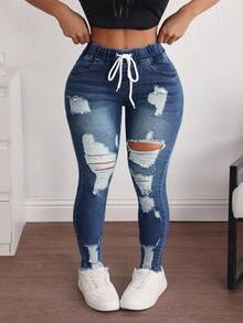 SHEIN ICON Plus Size Women Drawstring Waist Pocket Distressed Skinny Casual Jeans - Blue - View 1