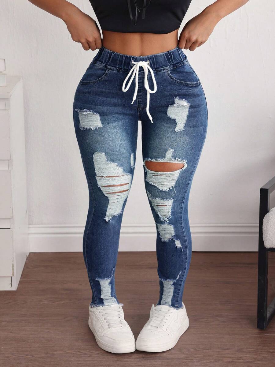 SHEIN ICON Plus Size Women Drawstring Waist Pocket Distressed Skinny Casual Jeans - Blue - View 1