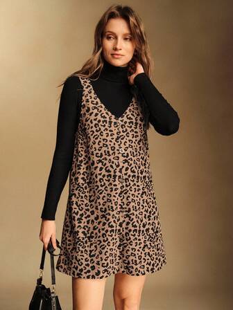 Écloséra 新款复古豹纹V领无袖中长连衣裙