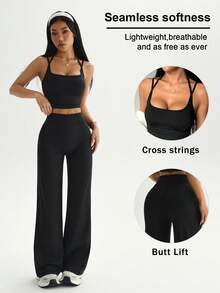 Dewbera 女士极简纯色吊带露脐背心和高腰直筒裤运动套装