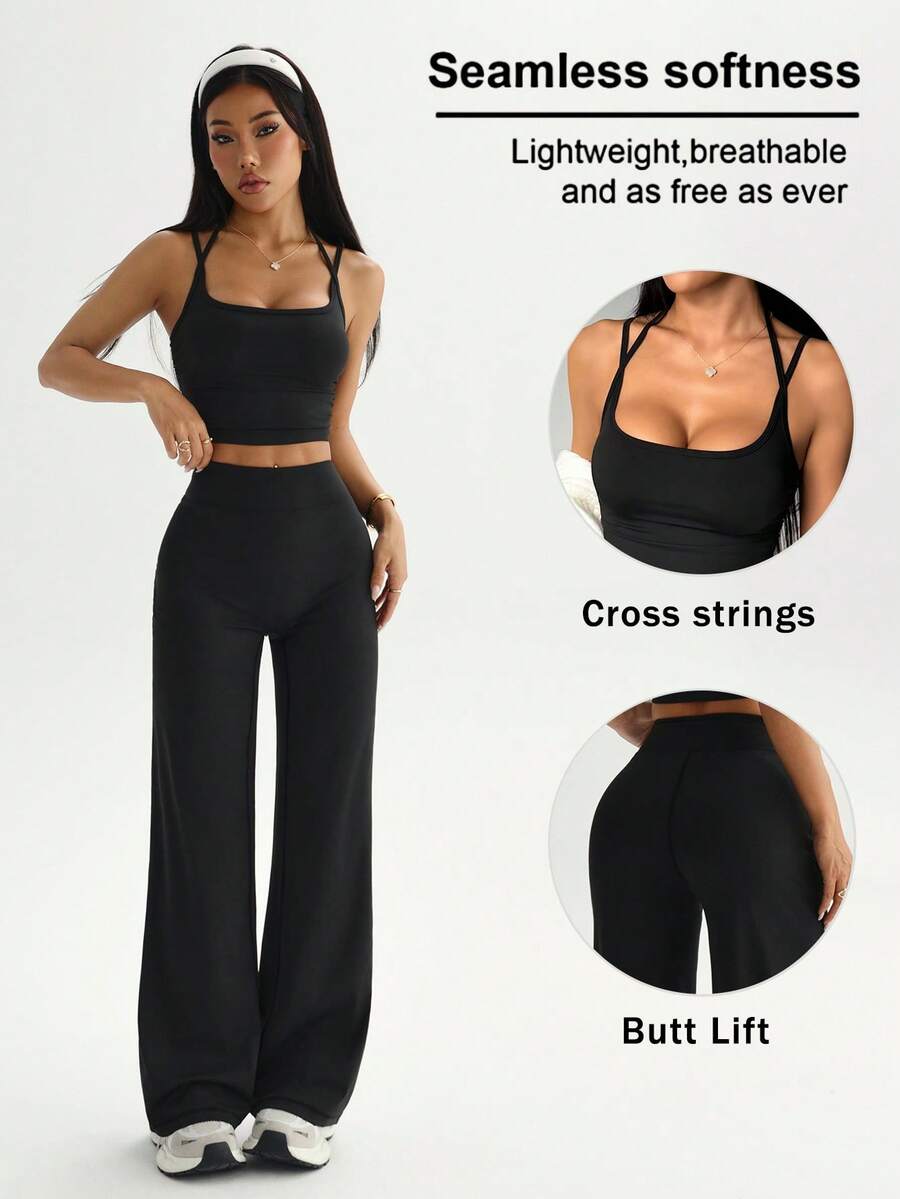 Dewbera 女士极简纯色吊带露脐背心和高腰直筒裤运动套装