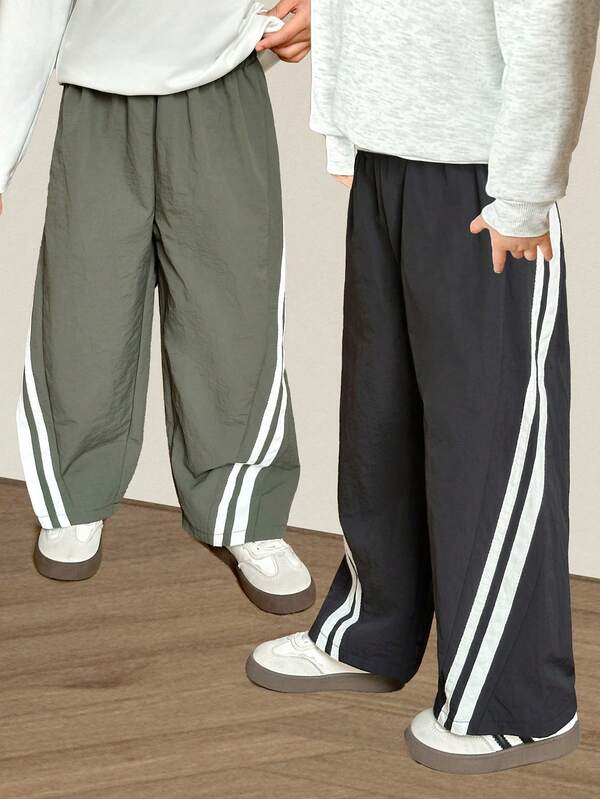 Genkimix Kids 2pcs/Set Young BoyFashion Streetwear Side Ribbon Decor Loose Straight Pants, Black & Green Combo, Suitable For Autumn Outfit