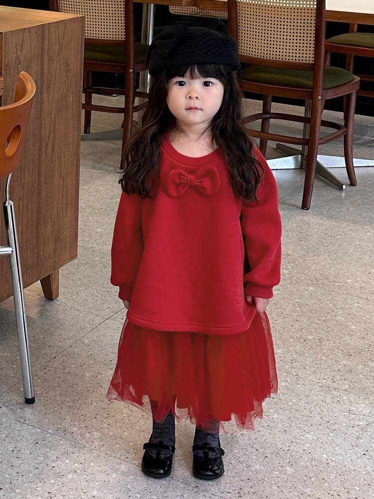 Baby Girl Red Knit Mesh Patchwork Bow Decor Dress Christmas Baby Girls Clothes