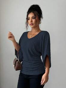 Selianne 女式舒适休闲V领荷叶边蝙蝠袖纯色拉绒罗纹T恤 - 藏蓝色 - 查看 4