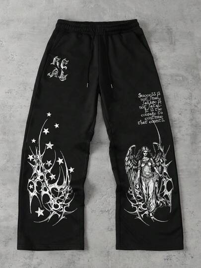 Goth Pantalon de jogging décontracté à taille élastique avec imprimé slogan et étoile, jambes larges pour hommes