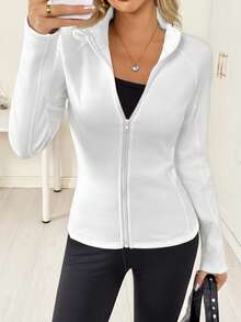 Chiquease Women's Slim Fit Minimalist New Autumn/Winter Jacket, Lightweight Outdoor Raglan Long Sleeve Zip-Up Coat - White - View 6