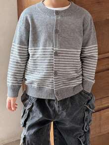 Suéter tipo cárdigan para niño, estilo casual moderno, tejido de punto, diseño a rayas, corte holgado, cuello redondo, manga larga, para primavera/otoño, uso diario - Gris - Ver 3