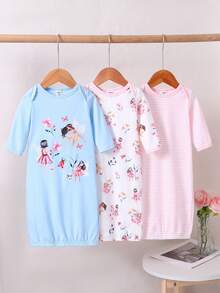 3pcs Set Newborn Simple Fashion Cute Cartoon Print Long Sleeve Long Dress Sleepwear - Multicolor - View 4