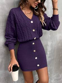 SHEIN Clasi Women's Fashion Drop Shoulder Long Sleeve Button Design Knitted Dress, Autumn/Winter - Purple - View 6
