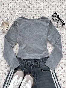 少女灰色字母印花圆领长袖T恤 - 灰色 - 查看 3