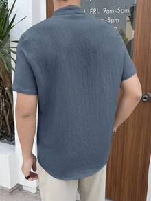 HIMLAND 男士休闲商务梭织纯色短袖衬衫 - 淺藍色 - 查看 2