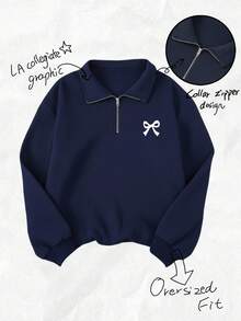 SHEIN ChillGRL Teen Girls Zip-Up Sweatshirt With Bow Print, Comfortable Navy Blue Sweatshirt, Suitable For Autumn/Winter Wear - Navy Blue - View 3