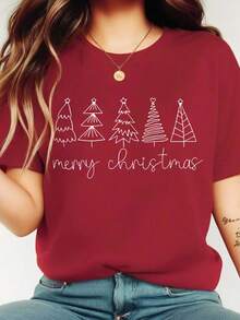 EMERY ROSE Christmas Letter Slogan & Christmas Tree Graphic Round Neck Short Sleeve Fashionable Plus Size T-Shirt - Red - View 1