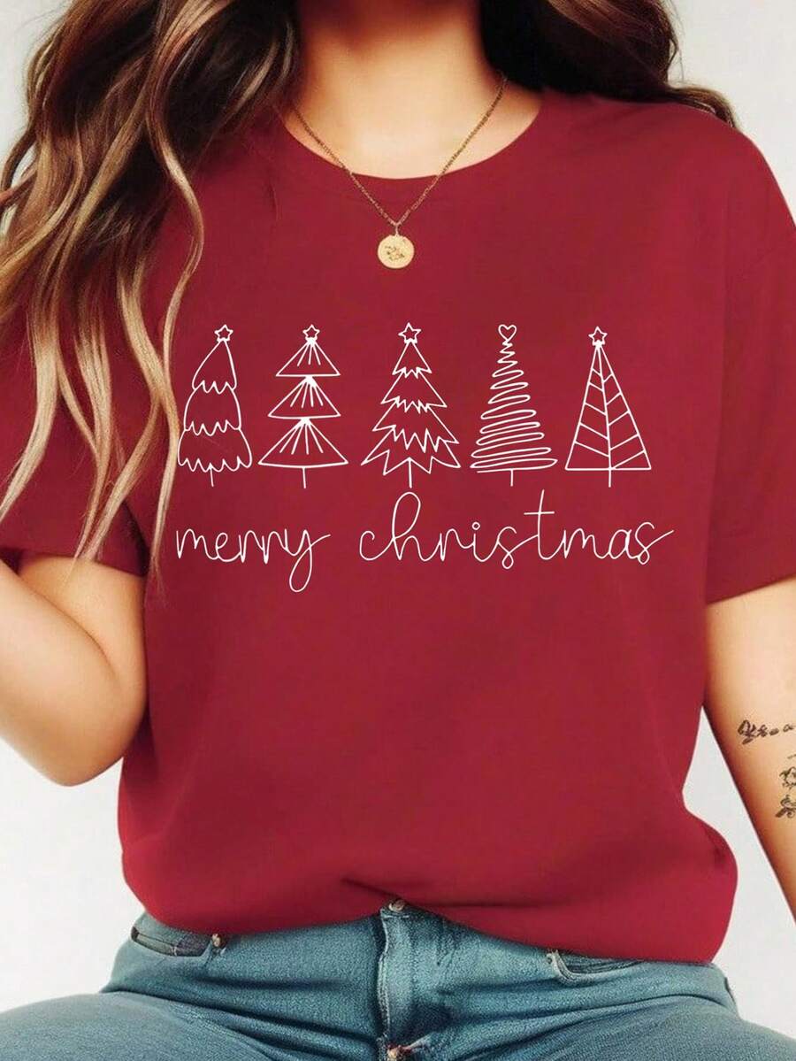 EMERY ROSE Christmas Letter Slogan & Christmas Tree Graphic Round Neck Short Sleeve Fashionable Plus Size T-Shirt - Red - View 1