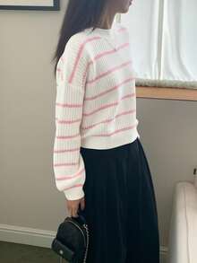 SHEIN TEENGIRL Pink & White Striped Basic Casual Loose Fit Crew Neck Lantern Sleeve Sweater, Back To School, Collegiate Style, Comfortable Everyday Wear - Pink - View 3