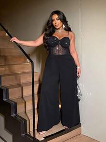 NU&NOW Bộ đồ liền thân ống rộng bằng lưới co giãn sáng bóng gợi cảm dự tiệc cỡ lớn dành cho nữ, màu đen - màu đen - Xem 2