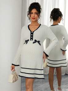 SHEIN Women's Fitted V-Neck Rhinestone Bow Contrast Color Design Elegant Date Night Long Sleeve Pullover Maternity Sweater Dress - Black and White - View 1