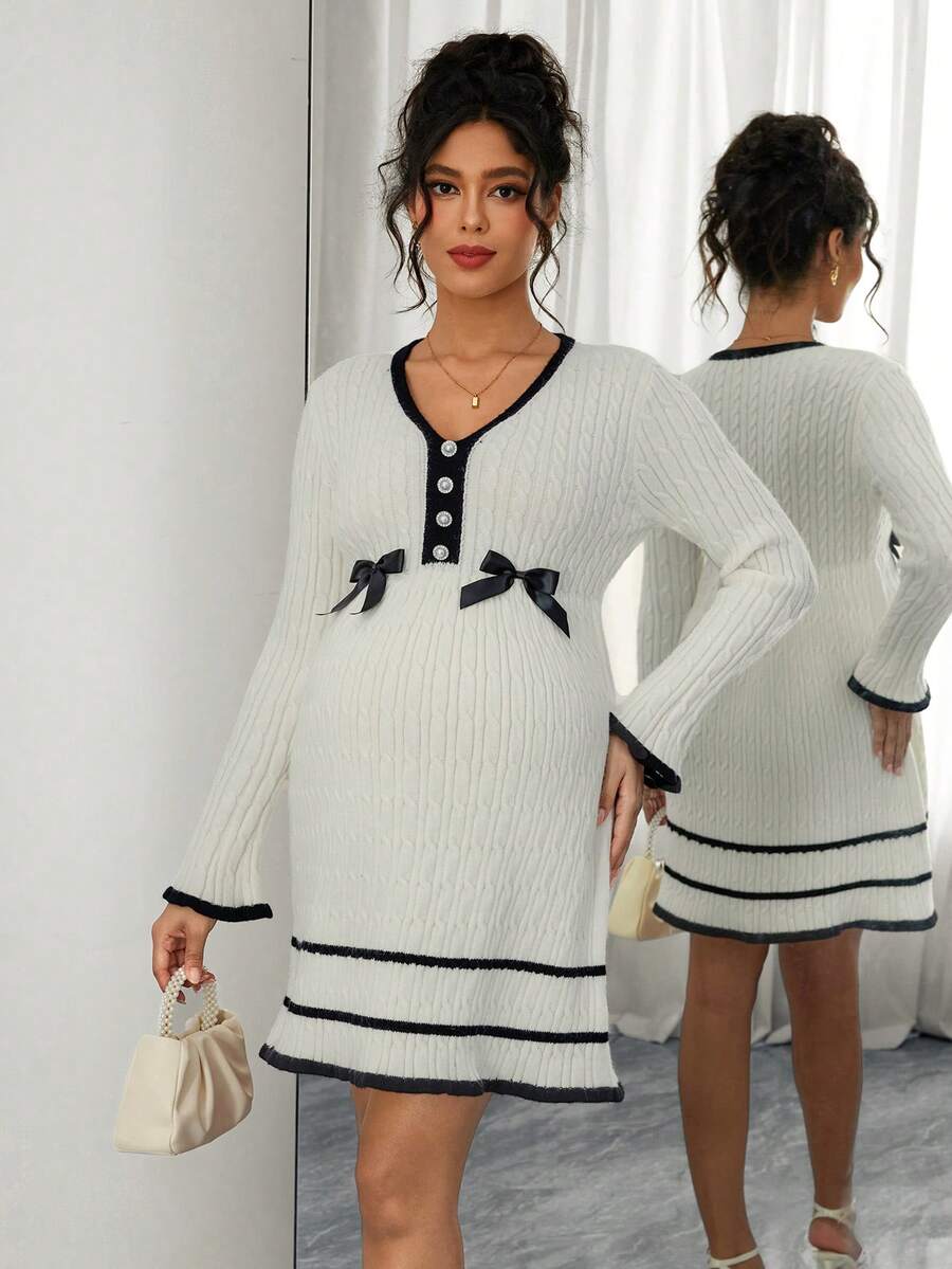 SHEIN Women's Fitted V-Neck Rhinestone Bow Contrast Color Design Elegant Date Night Long Sleeve Pullover Maternity Sweater Dress - Black and White - View 1