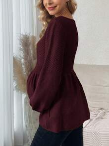 SHEIN Maternity Casual Solid Color Lantern Sleeve Sweater, Autumn/Winter - Red Violet - View 2