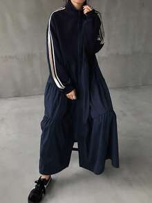 FRIFUL 1件女士纯色立领拉链外套连衣裙，长袖女式外套