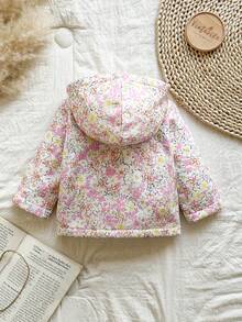 SHEIN Vintaside Kids معطف مقنع بطبعة زهور صغيرة للبنات الرضع، إغلاق بسحاب، بطانة حرارية، ملابس خارجية شتوية عصرية وكاجوال - وردي فاتح - مشاهدة 2