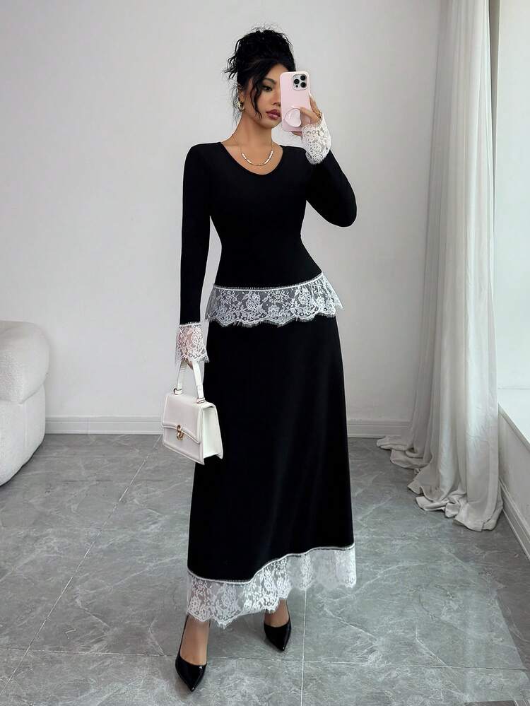 Elenzga طقم قطعتين للنساء يتكون من ملابس علوية بأكمام طويلة مطرزة بالدانتيل والزهور وتناسب الجسم، وتنورة فضفاضة على الخصر بقصة A - الأسود - مشاهدة 6