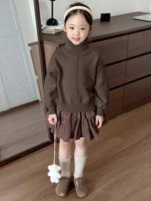 Dazy Kids Sweater Turtleneck Warna Polos untuk Anak Perempuan, Musim Gugur - Coklat - View 3
