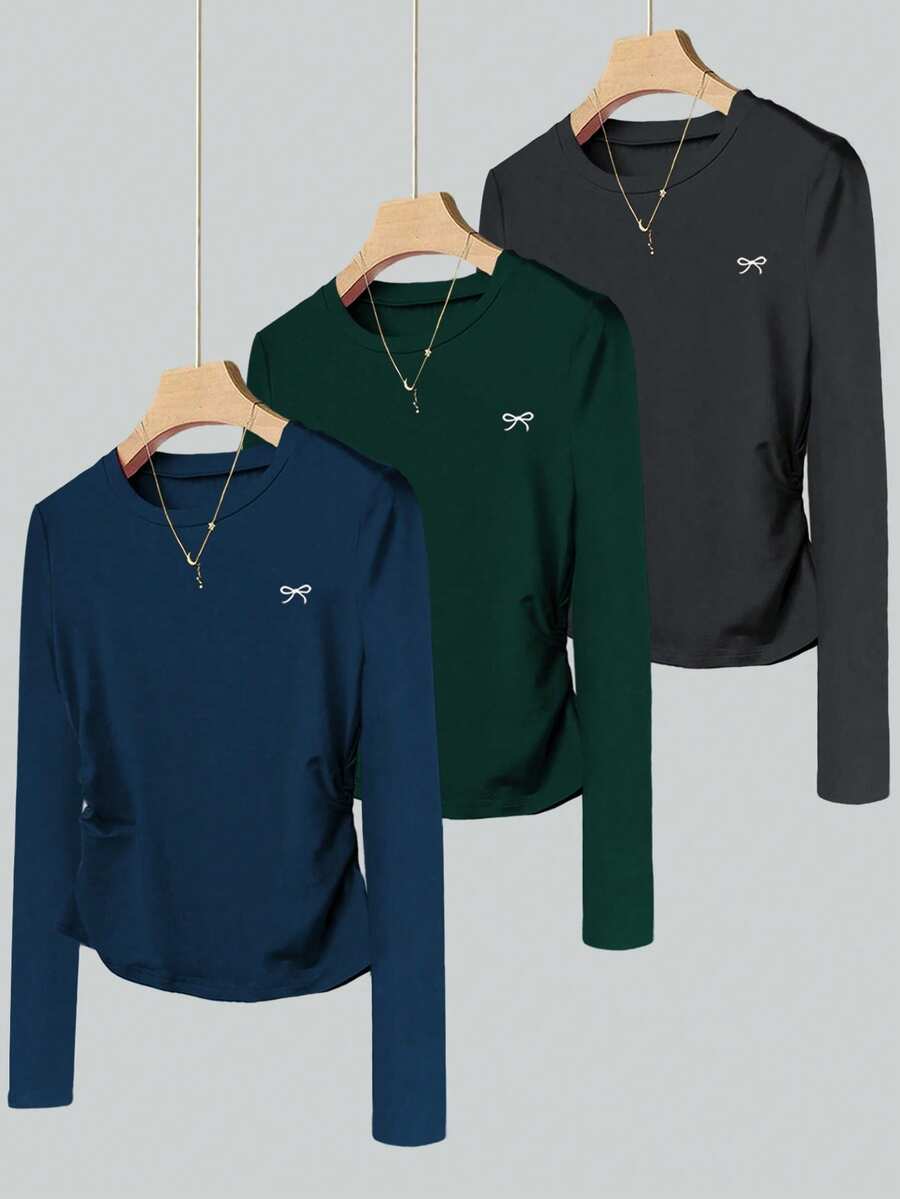 Resyla Women's Bow Print Crew Neck Long Sleeve Pleated Casual T-Shirt - Navy Blue - View 1