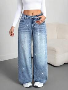 SHEIN Tall Women's Skinny Fit Straight Leg Jeans, Black With Rhinestone Embellishment, Tall Women - Light Wash - View 3