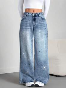 SHEIN Tall Women's Skinny Fit Straight Leg Jeans, Black With Rhinestone Embellishment, Tall Women - Light Wash - View 4