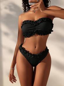 SHEIN Swim Ladies' Bandeau Bikini With Frill Trim, Summer Beach - Black - View 5