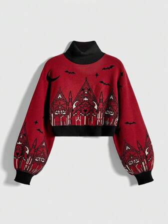 Goth Suéter de cuello alto de mujer con contraste de color con patrón de castillo y cruz gótico de Halloween