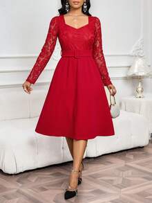 SHEIN Lady 女士撞色蕾丝心形领长袖优雅连衣裙 - 紅色 - 查看 8