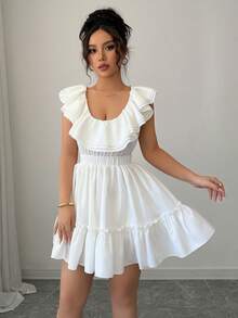 Chiquease Low Neck Fashionable Casual Ruffle Layered Waist Fitted Flared A-Line Dress - White - View 6