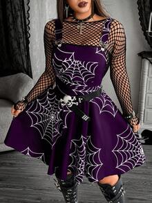 SHEIN CURVE+ 新款时尚简约百搭暗黑亚文化哥特风交叉绑带迷你吊带裙，适合万圣节装扮 - 紫色 - 查看 8