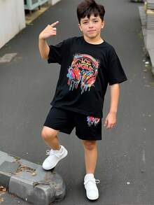 Fantacosmos 两件套男童电子游戏图案短袖T恤和短裤套装 - 黑色 - 查看 1