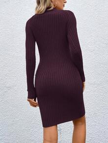 SHEIN Essnce 秋冬季高领插肩袖罗纹针织毛衣连衣裙（无腰带） - 酒紅色 - 查看 2